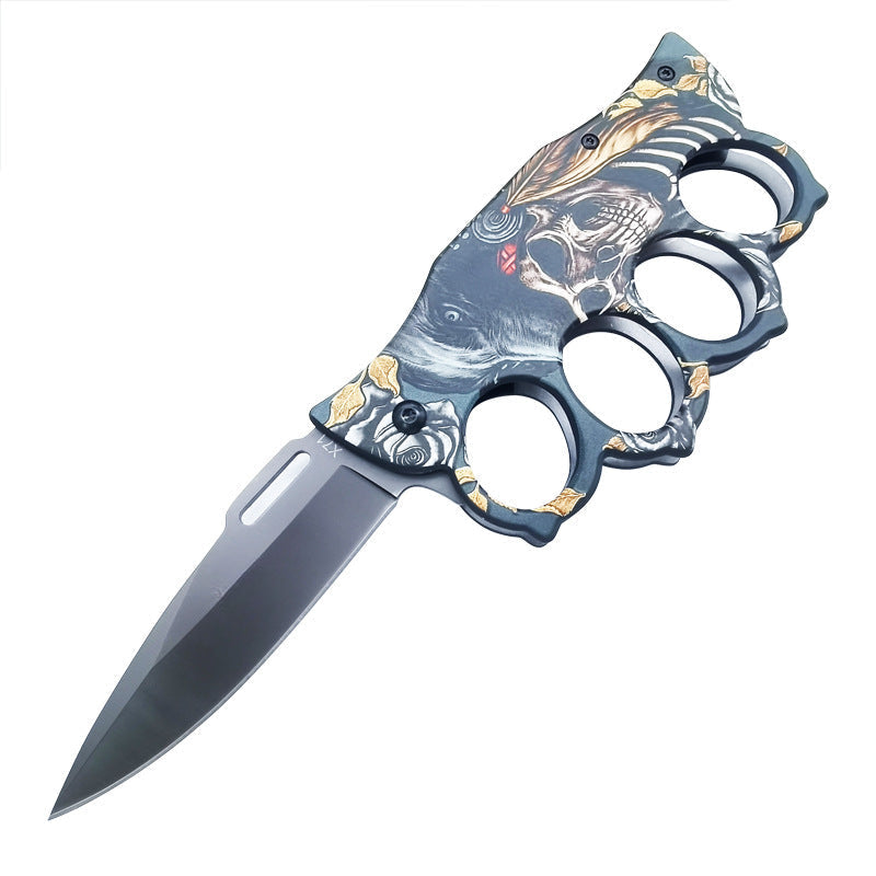 Folding Knife with 3D Ghost Head and Knuckle Duster